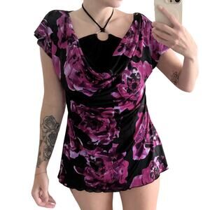 Studio Y Blouse Halter Neck T Shirt Purple Floral Witchy Whimsygoth Y2k Medium